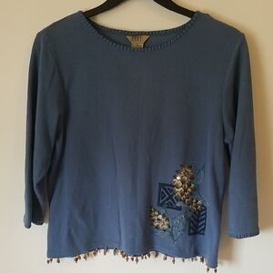 Teddi Blue Floral Embroidered Long Sleeve Top